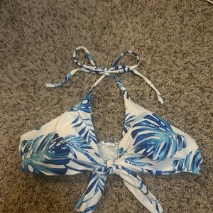 Blue and White Leaf Print Bikini Top